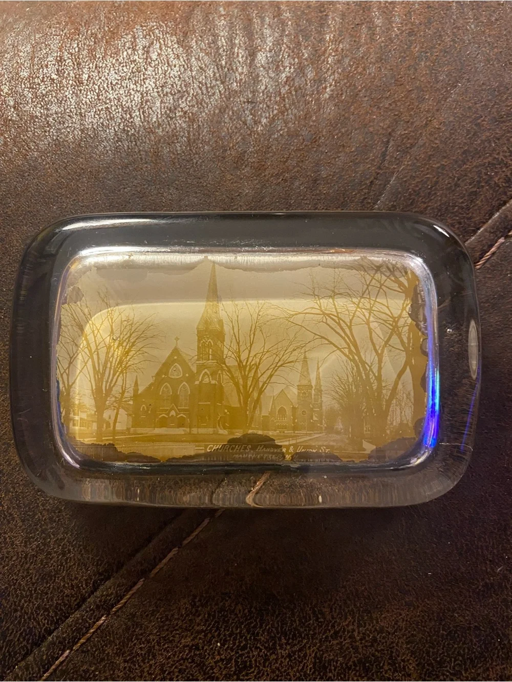 Antique Pyrophoto Co. Clear Sepia Glass Paperweight Churches Manchester NH